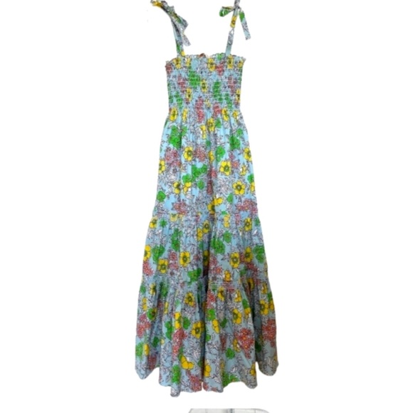 Tory Burch Tiered Shirred Floral-Print Cotton-Blend Poplin Maxi Dress Smocked - Picture 4 of 6